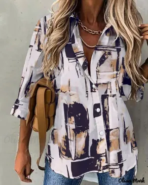 Xieyinshe - Abstract Print Long Sleeve Button-Up Shirt