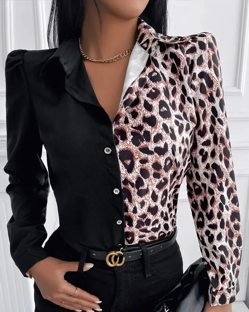 Xieyinshe - Cheetah Print Button Up Long Sleeve Shirt