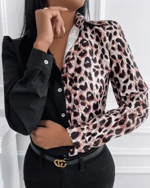 Xieyinshe - Cheetah Print Button Up Long Sleeve Shirt