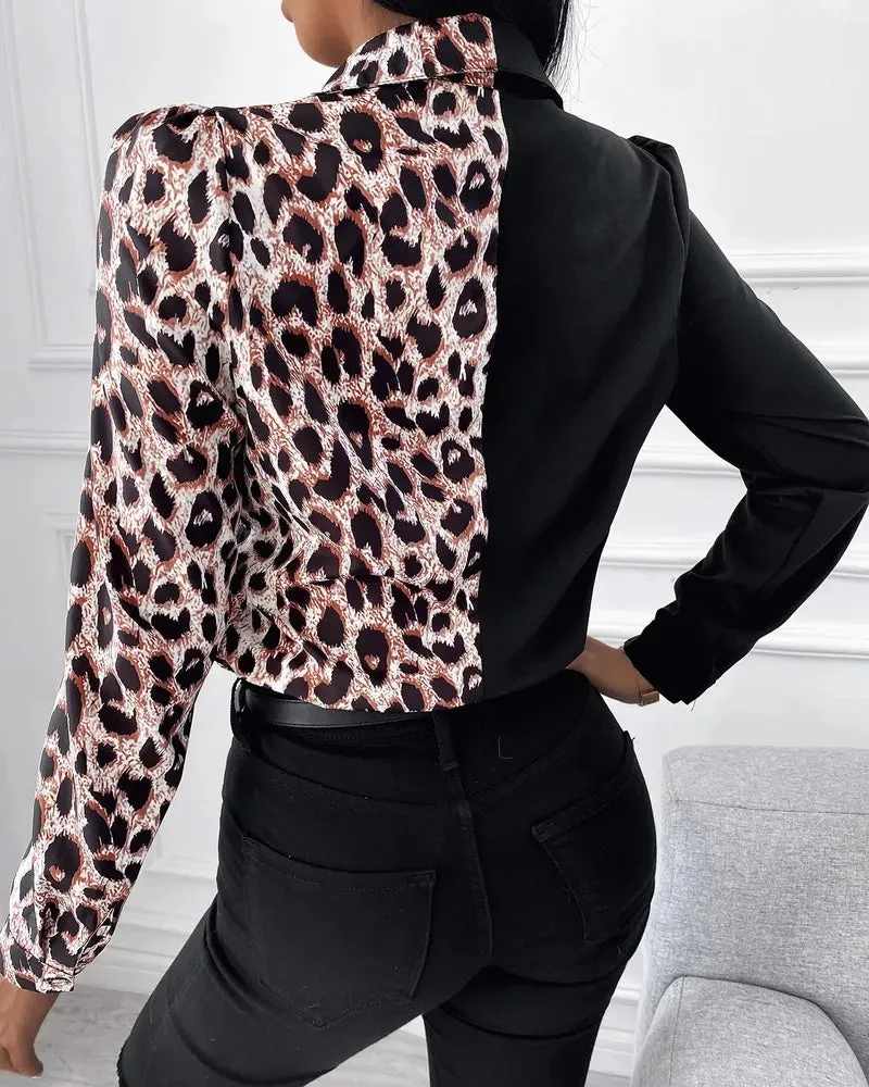 Xieyinshe - Cheetah Print Button Up Long Sleeve Shirt