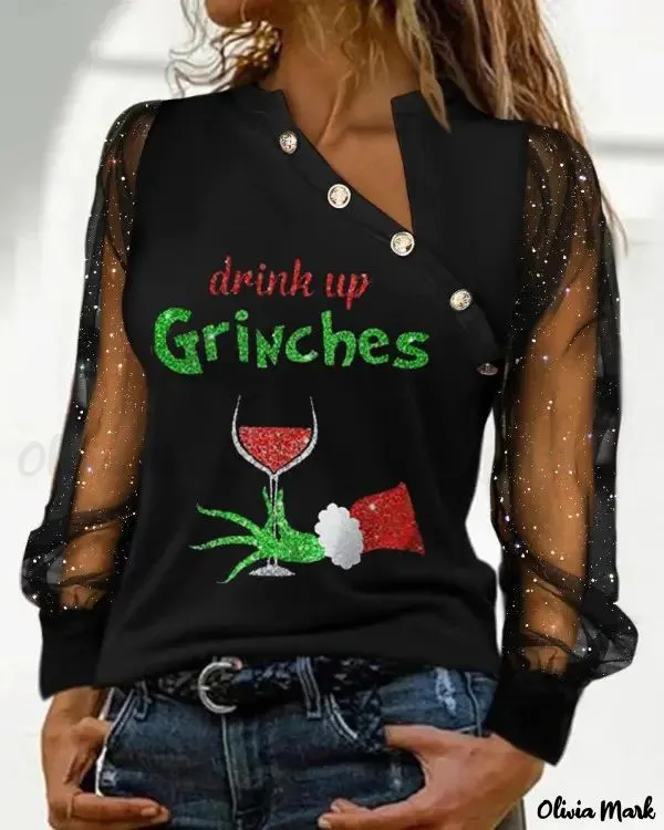 Xieyinshe - Christmas Grinch Print Sparkly Sheer Tulle Long Sleeve Top