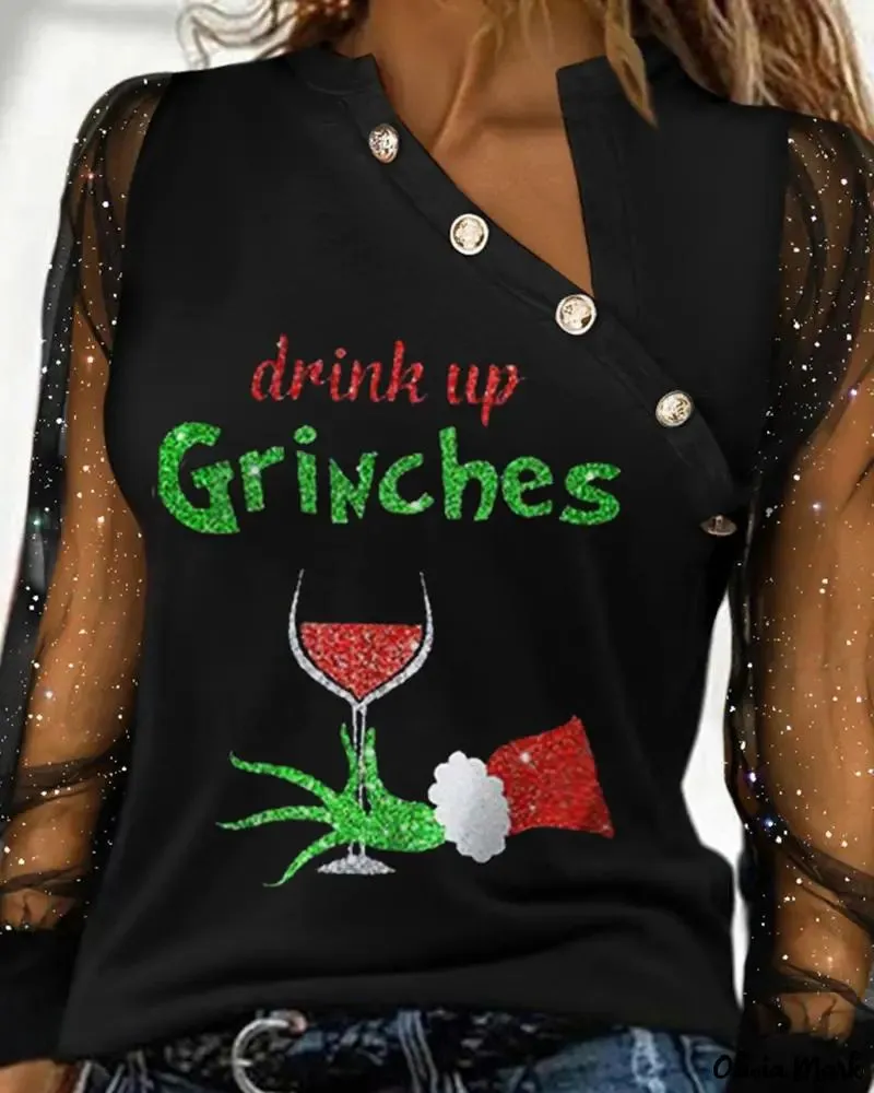 Xieyinshe - Christmas Grinch Print Sparkly Sheer Tulle Long Sleeve Top