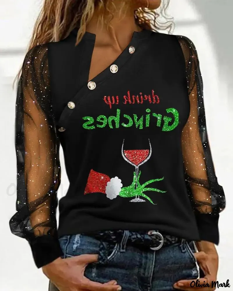 Xieyinshe - Christmas Grinch Print Sparkly Sheer Tulle Long Sleeve Top