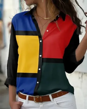 Xieyinshe - Color Block Long Sleeve Button Down Shirt