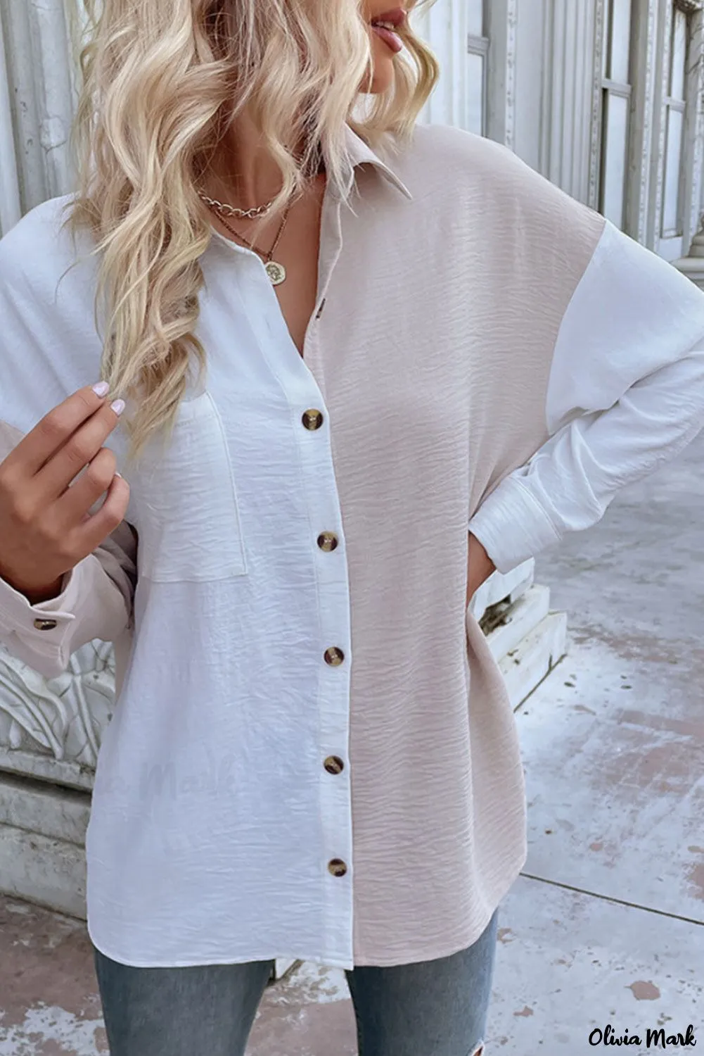 Xieyinshe - Crinkle Long Sleeve Block Shirt