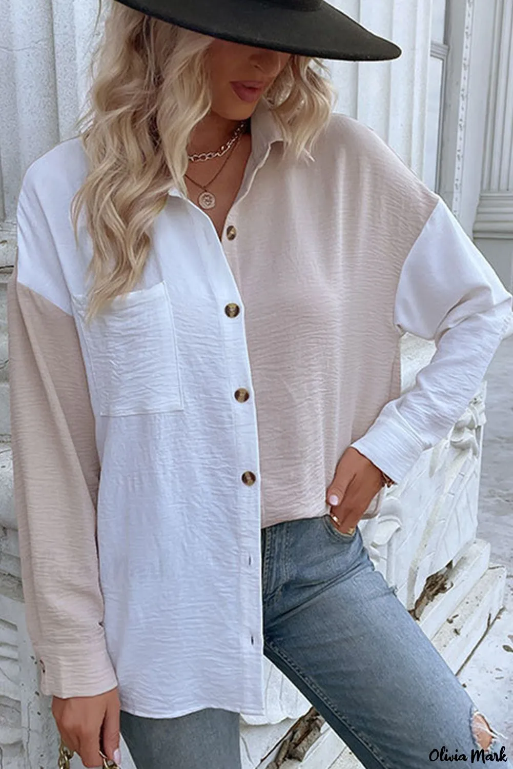 Xieyinshe - Crinkle Long Sleeve Block Shirt