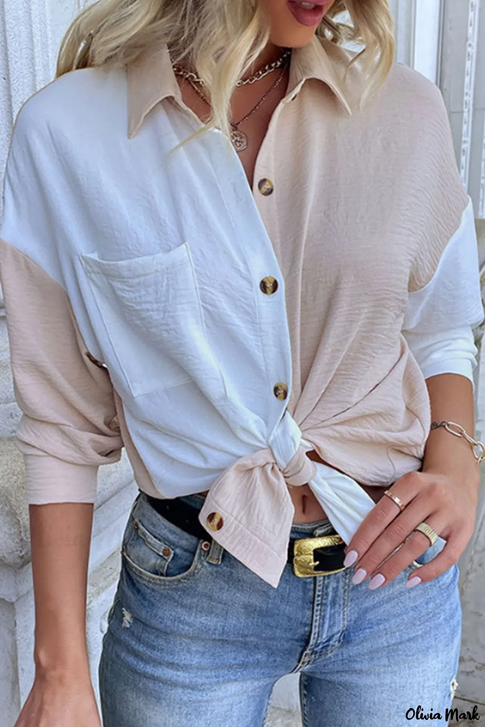 Xieyinshe - Crinkle Long Sleeve Block Shirt