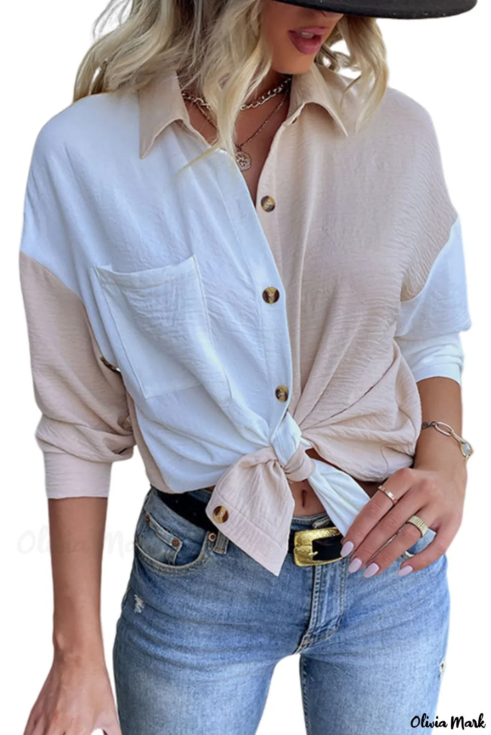 Xieyinshe - Crinkle Long Sleeve Block Shirt