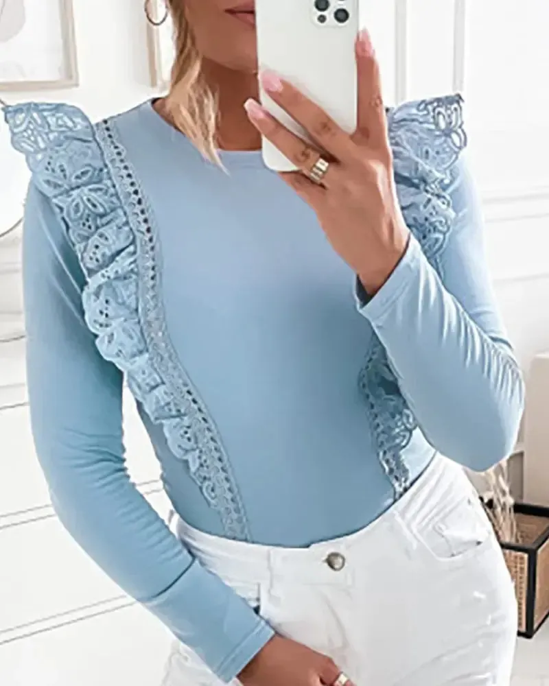 Xieyinshe - Eyelet Embroidered Long Sleeve Top with Ruffle Hem