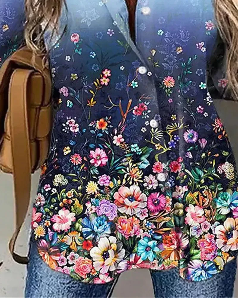 Xieyinshe - Floral Print Long Sleeve Button Down Shirt