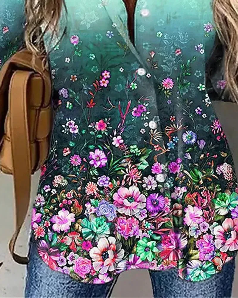 Xieyinshe - Floral Print Long Sleeve Button Down Shirt