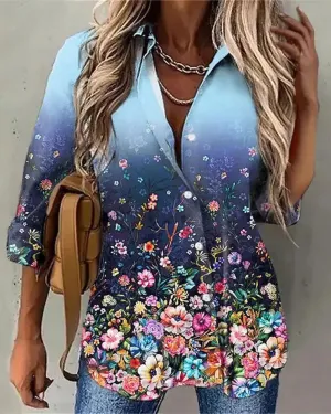 Xieyinshe - Floral Print Long Sleeve Button Down Shirt