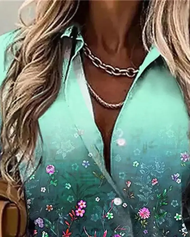 Xieyinshe - Floral Print Long Sleeve Button Down Shirt