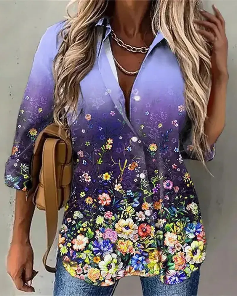 Xieyinshe - Floral Print Long Sleeve Button Down Shirt