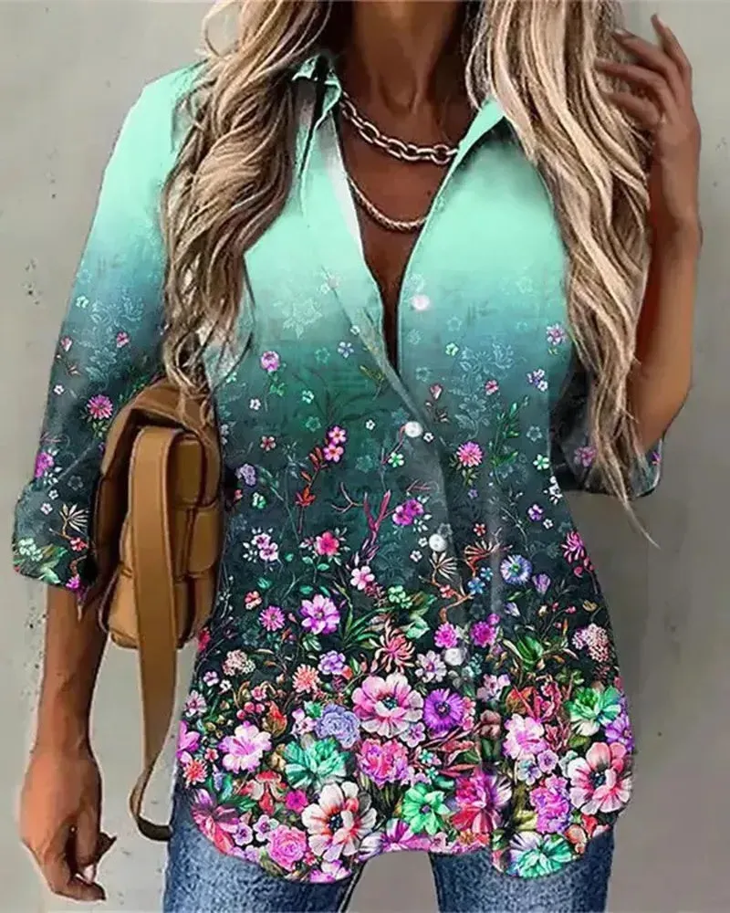Xieyinshe - Floral Print Long Sleeve Button Down Shirt