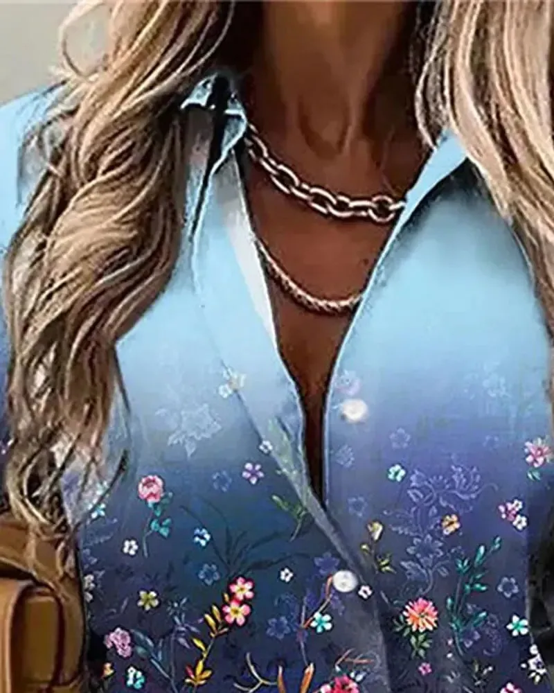 Xieyinshe - Floral Print Long Sleeve Button Down Shirt