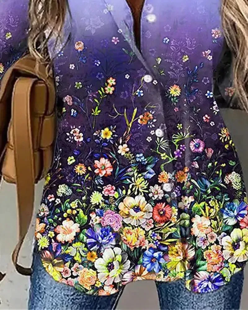 Xieyinshe - Floral Print Long Sleeve Button Down Shirt