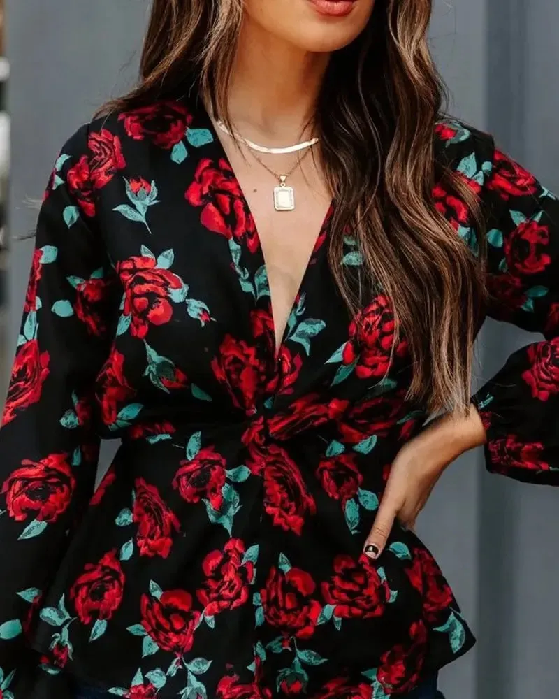 Xieyinshe - Floral Print Long Sleeve V-Neck Top