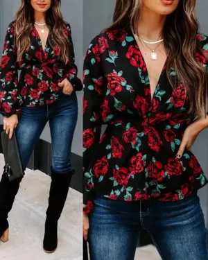 Xieyinshe - Floral Print Long Sleeve V-Neck Top