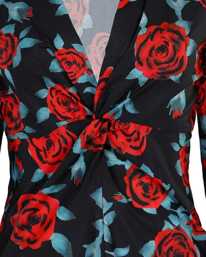 Xieyinshe - Floral Print Long Sleeve V-Neck Top