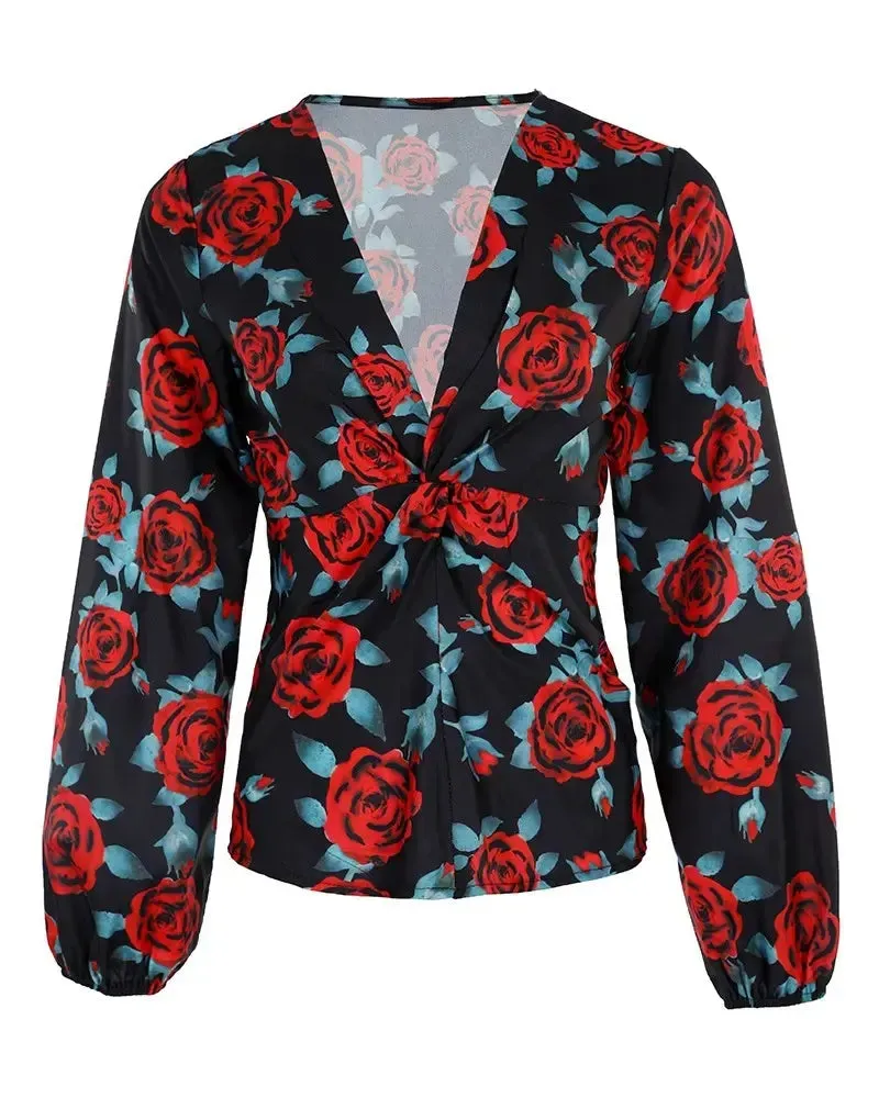 Xieyinshe - Floral Print Long Sleeve V-Neck Top