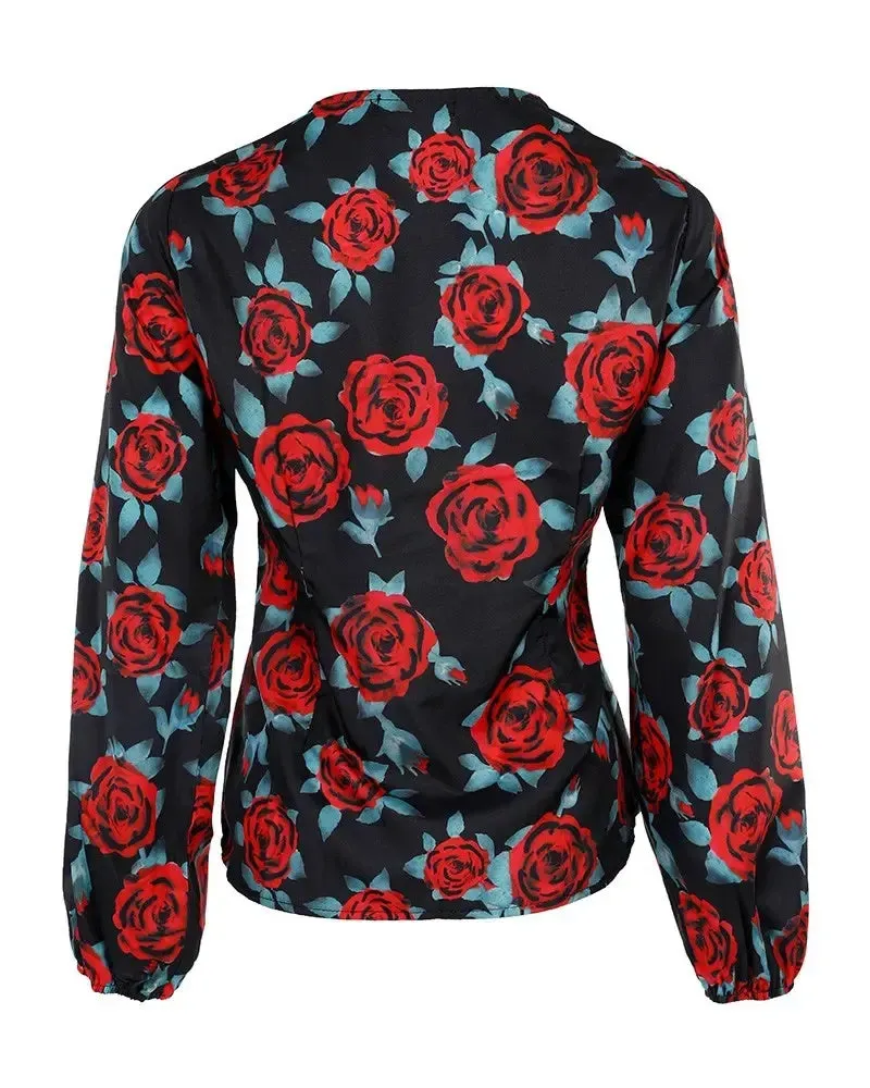 Xieyinshe - Floral Print Long Sleeve V-Neck Top