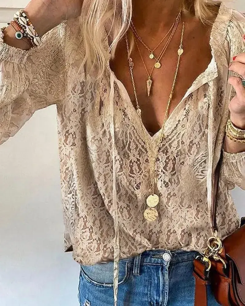 Xieyinshe - Florla Lace V-Neck Long Sleeve Top