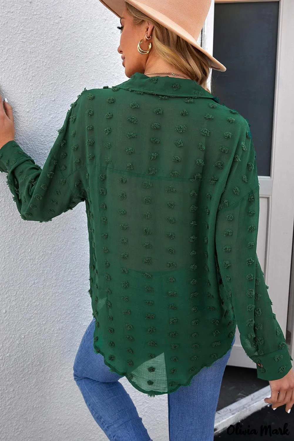 Xieyinshe - Green Polka Dot Long Sleeve Button Pocket Shirt