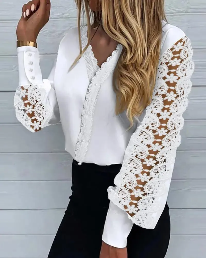 Xieyinshe - Hollow Out Lace Long Sleeve Shirt