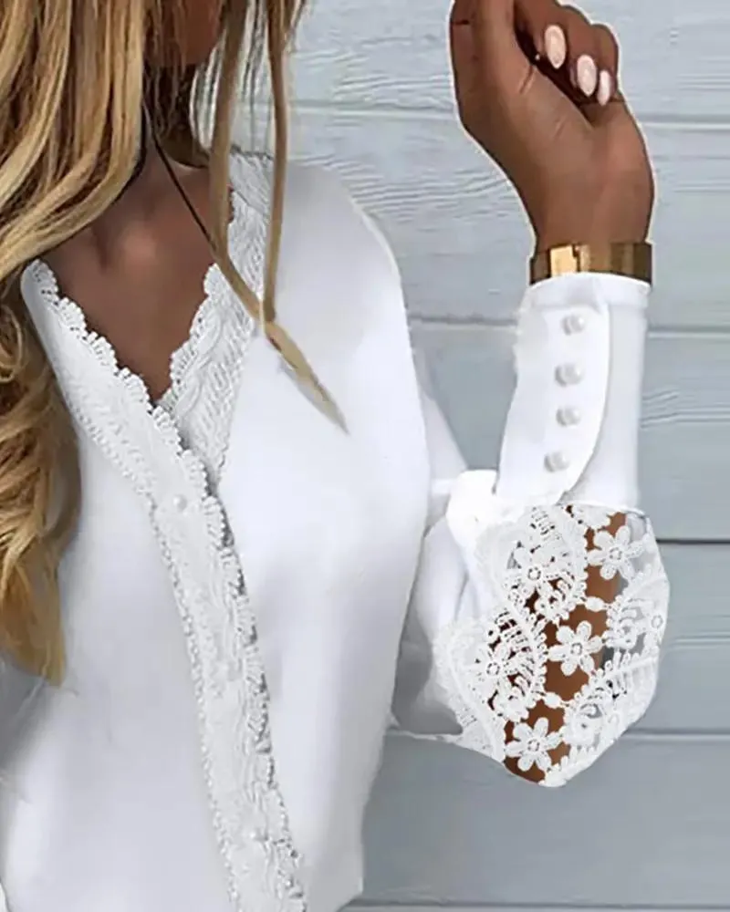 Xieyinshe - Hollow Out Lace Long Sleeve Shirt