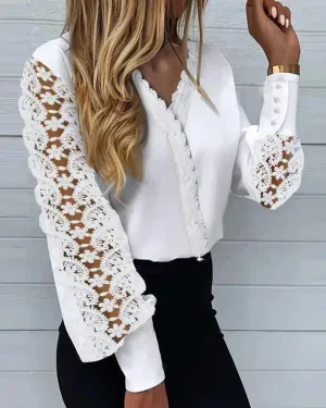 Xieyinshe - Hollow Out Lace Long Sleeve Shirt