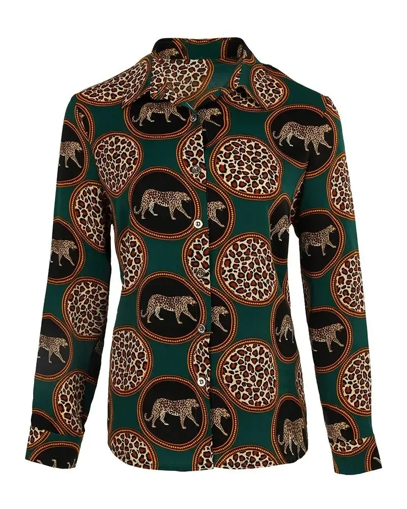Xieyinshe - Leopard Print Button Down Long Sleeve Shirt