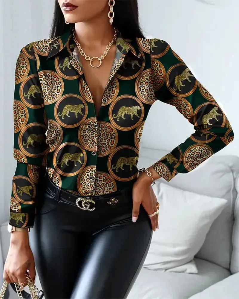 Xieyinshe - Leopard Print Button Down Long Sleeve Shirt