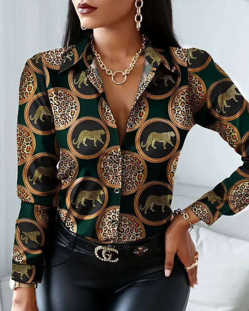 Xieyinshe - Leopard Print Button Down Long Sleeve Shirt