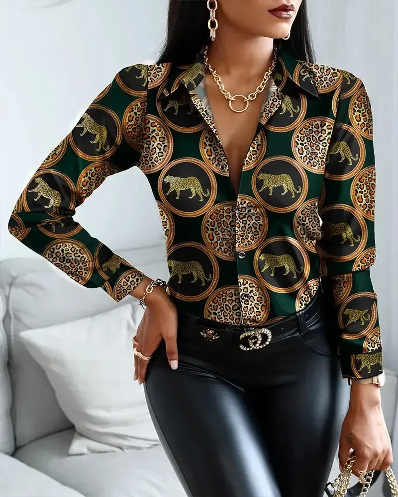 Xieyinshe - Leopard Print Button Down Long Sleeve Shirt