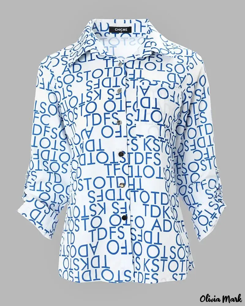 Xieyinshe - Letter Print Long Sleeve Button Down Shirt