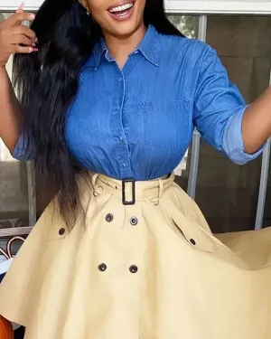 Xieyinshe - Long Sleeve Button Down Denim Shirt