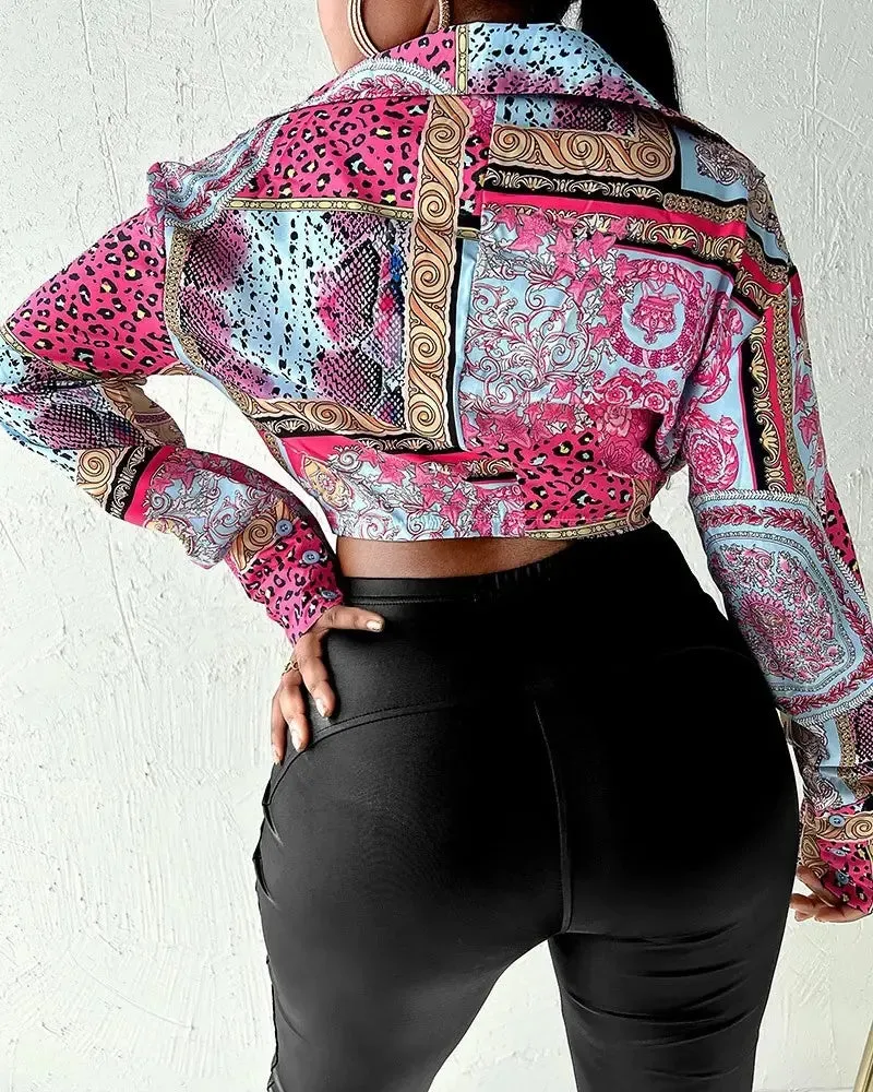Xieyinshe - Long Sleeve Tie Front Scarf Print Shirt