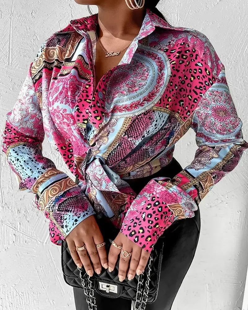 Xieyinshe - Long Sleeve Tie Front Scarf Print Shirt