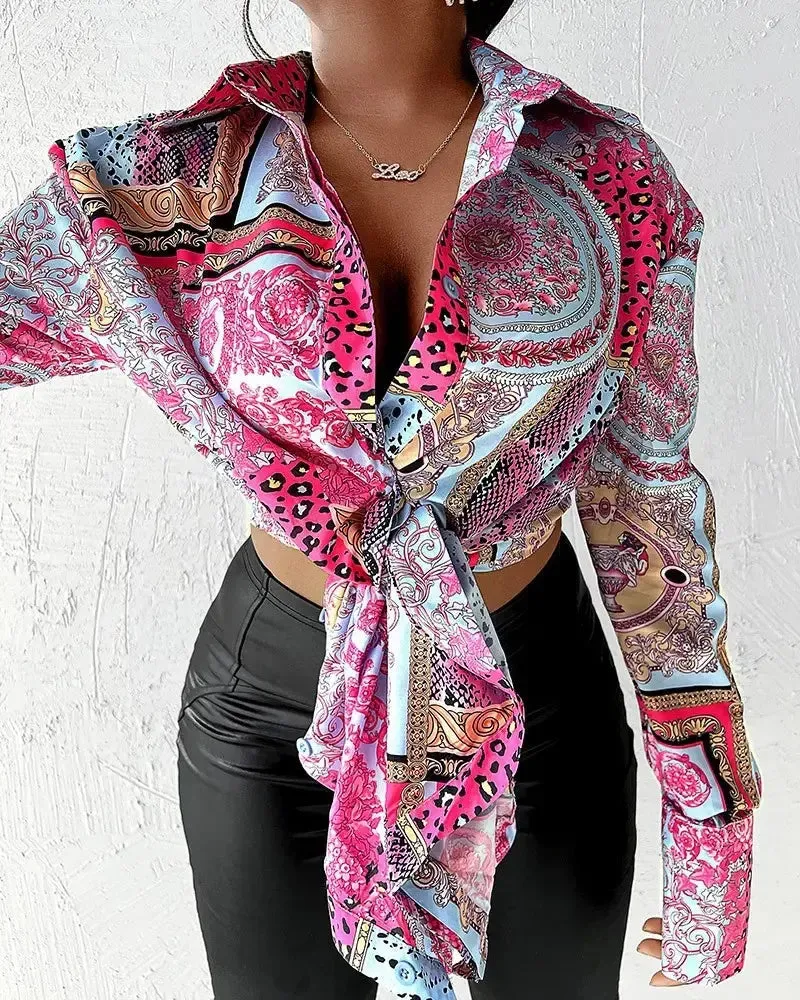 Xieyinshe - Long Sleeve Tie Front Scarf Print Shirt