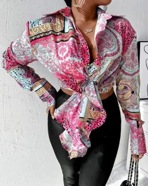 Xieyinshe - Long Sleeve Tie Front Scarf Print Shirt