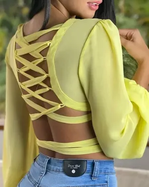 Xieyinshe - Long Sleeve V-Neck Bandage Top with Lace-Up Back