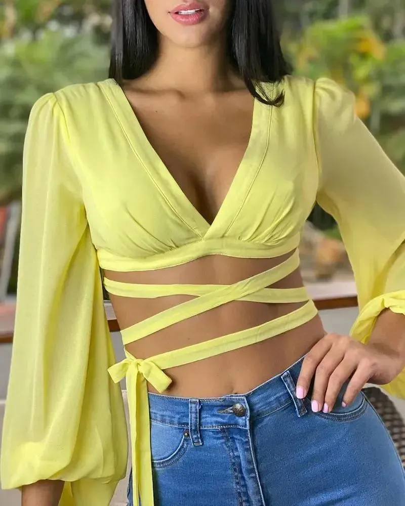 Xieyinshe - Long Sleeve V-Neck Bandage Top with Lace-Up Back