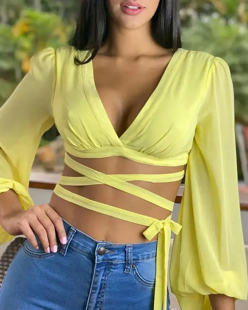 Xieyinshe - Long Sleeve V-Neck Bandage Top with Lace-Up Back