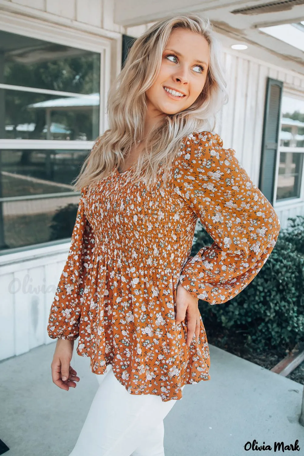 Xieyinshe - Orange Floral Print Ruched Long Sleeve V-Neck Blouse