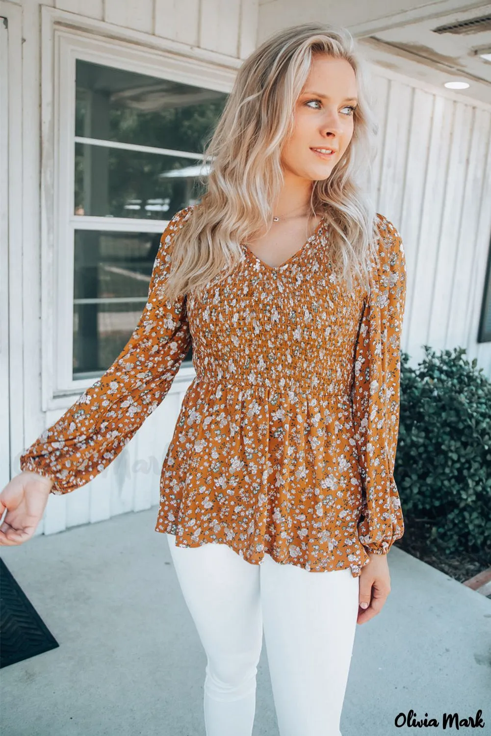 Xieyinshe - Orange Floral Print Ruched Long Sleeve V-Neck Blouse