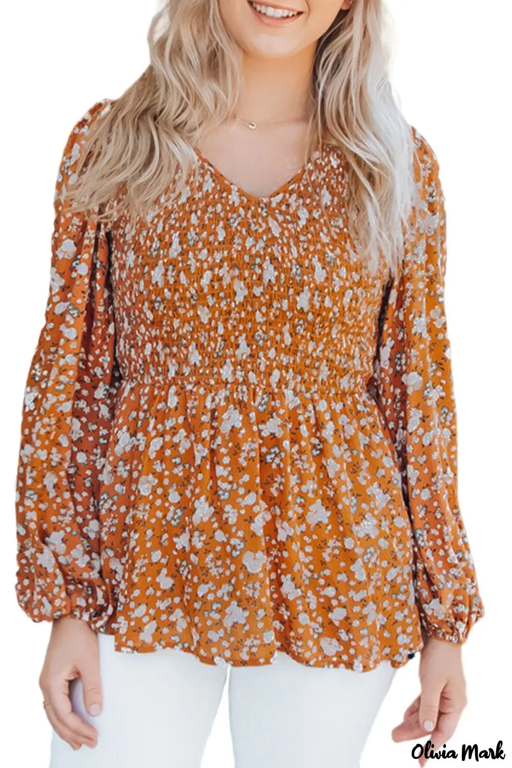 Xieyinshe - Orange Floral Print Ruched Long Sleeve V-Neck Blouse