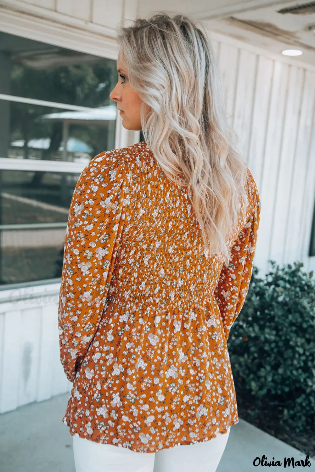 Xieyinshe - Orange Floral Print Ruched Long Sleeve V-Neck Blouse