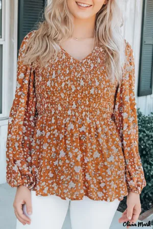 Xieyinshe - Orange Floral Print Ruched Long Sleeve V-Neck Blouse