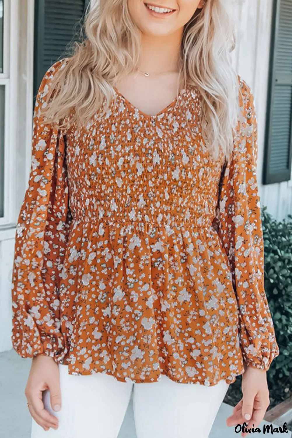 Xieyinshe - Orange Floral Print Ruched Long Sleeve V-Neck Blouse
